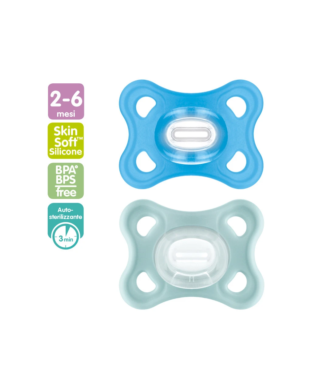 Mam 2 Pz Succhietti Comfort 2-6m Silicone Azzurro/verde 3 Mam 2 Pz Succhietti Comfort 2-6m Silicone Azzurro/verde